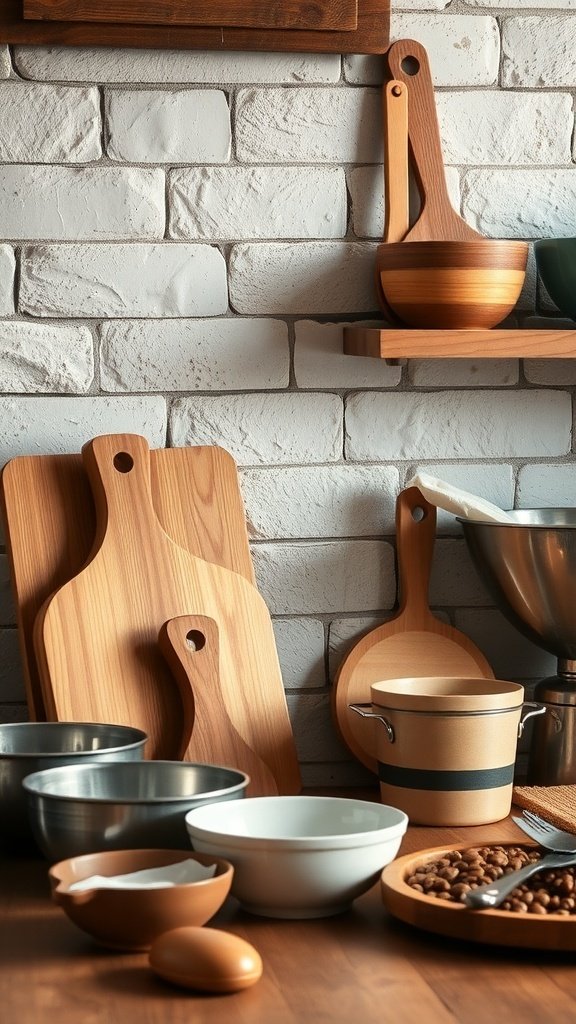 A rustic farmhouse kitchen with wooden and metal kitchen accessories, including cutting boards, bowls, and mixing bowls.