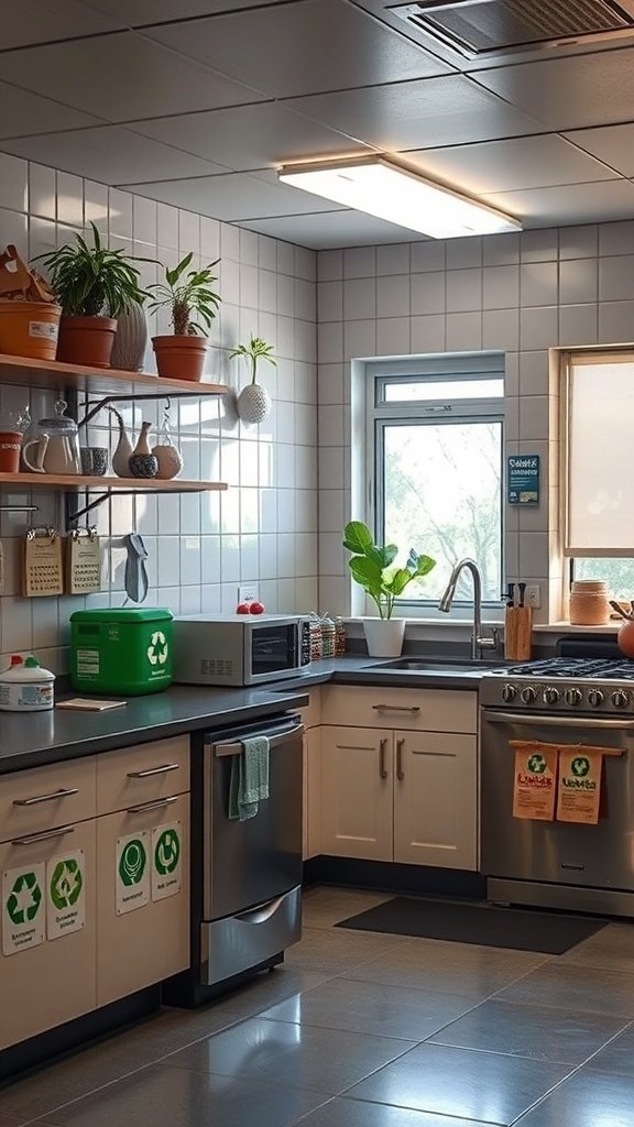A bright kitchen with plants, recycling bins, and eco-friendly appliances.