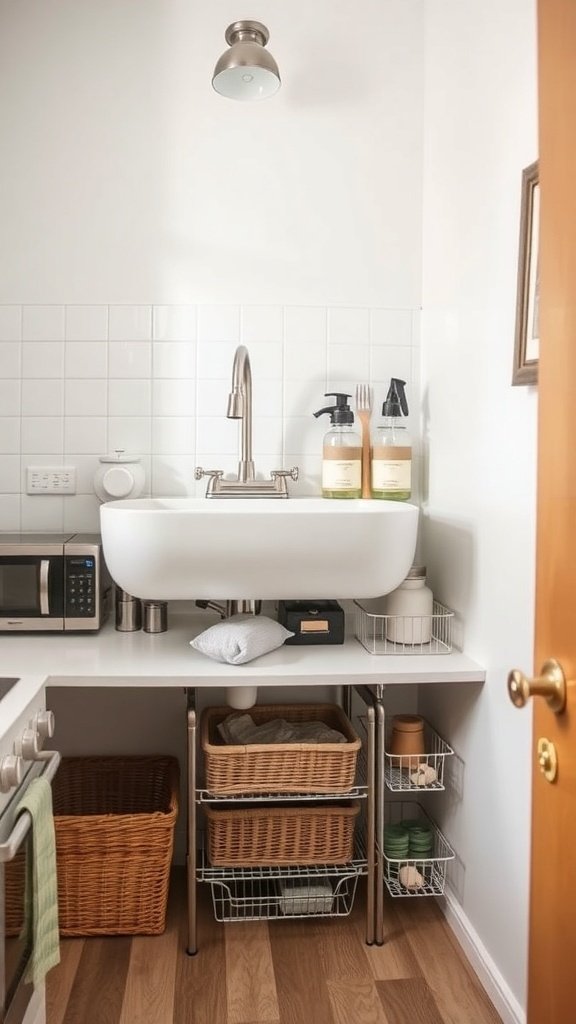 Organized under-sink storage in a small kitchen with baskets and wire containers