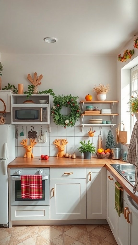 A cozy kitchen with seasonal decor, featuring a wreath, reindeer figurines, and colorful fruits.