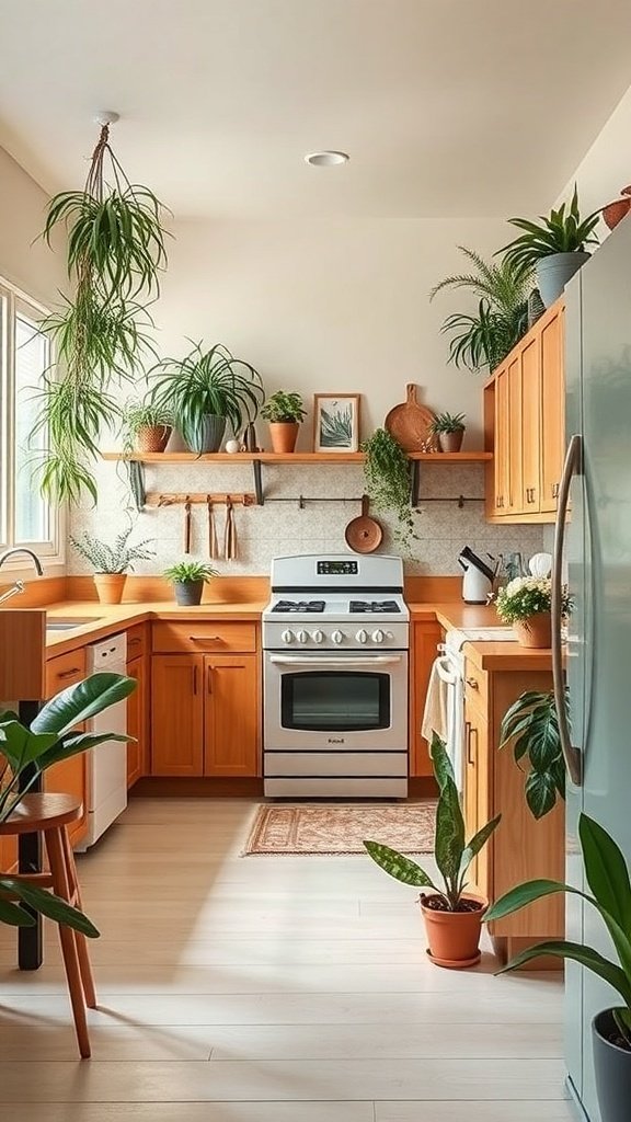 A mid-century modern kitchen featuring wooden cabinets and various indoor plants.