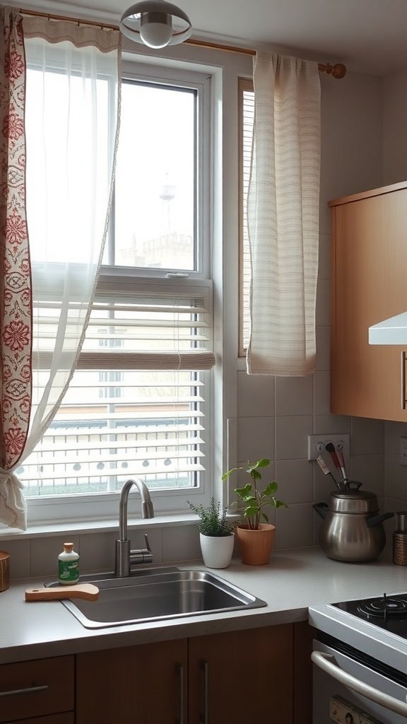 A cozy kitchen with a mix of sheer curtains and blinds on the window, showcasing a warm and inviting atmosphere.