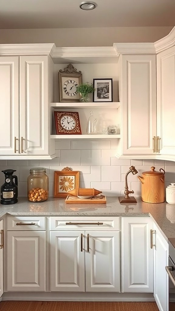 A bright kitchen featuring white cabinets, decorative items on shelves, and a cozy countertop arrangement.