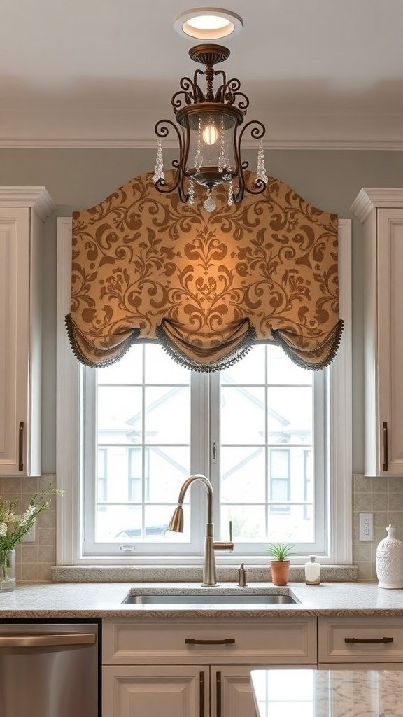 A kitchen window with a decorative valance and a stylish light fixture above the sink.