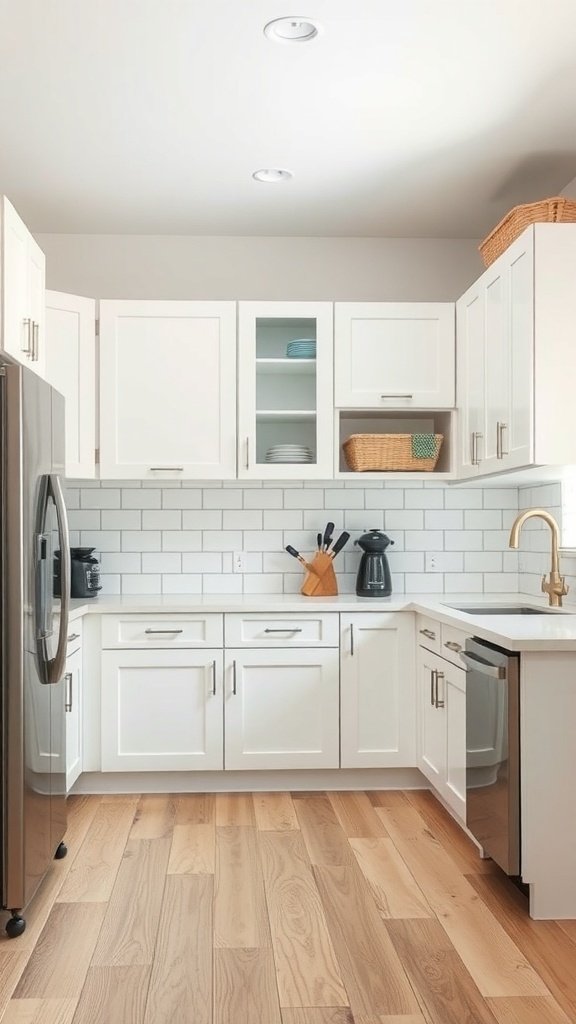 A modern kitchen with white cabinets, light wood flooring, and a clean countertop.