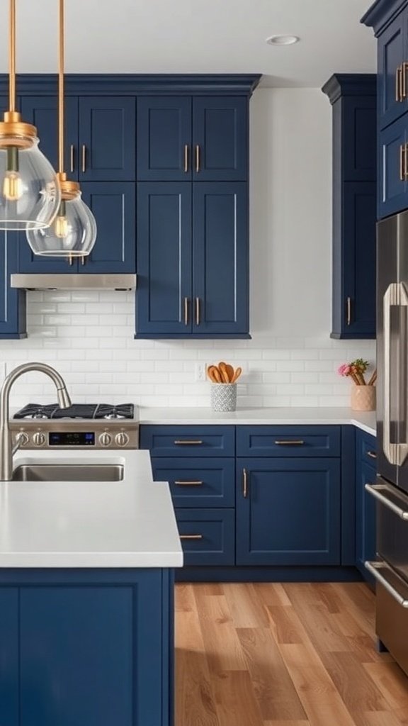 Modern kitchen with navy blue cabinets and gold accents