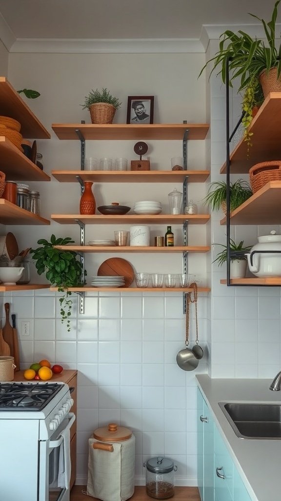 A small kitchen with open shelves displaying dishes, plants, and decorative items.