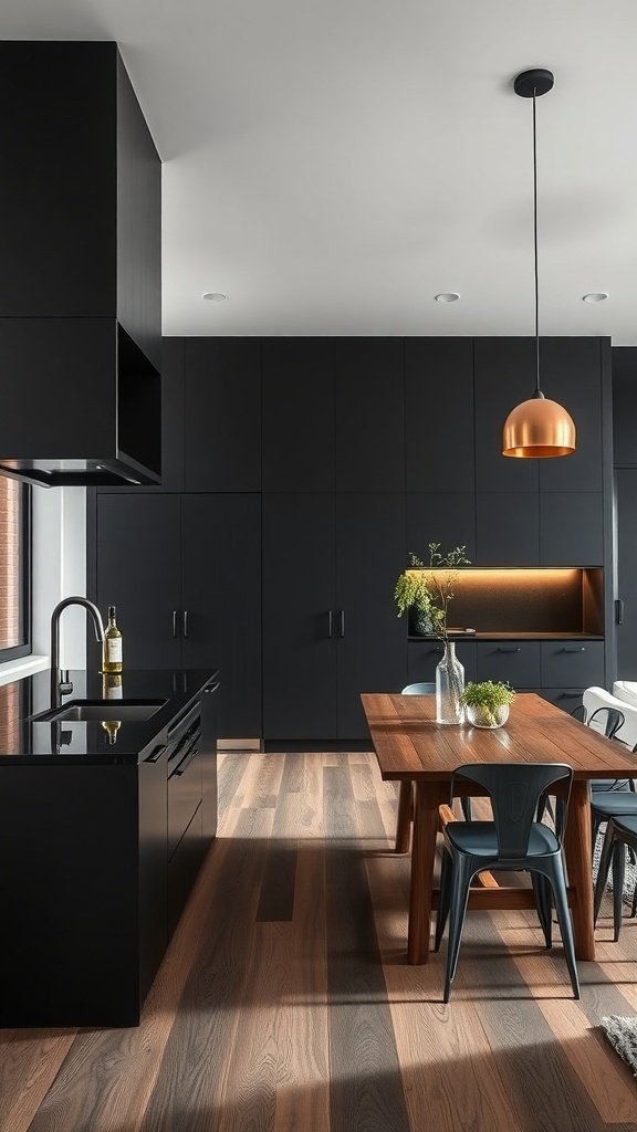 A modern kitchen featuring black cabinets, dark countertops, warm wood flooring, and a copper pendant light.