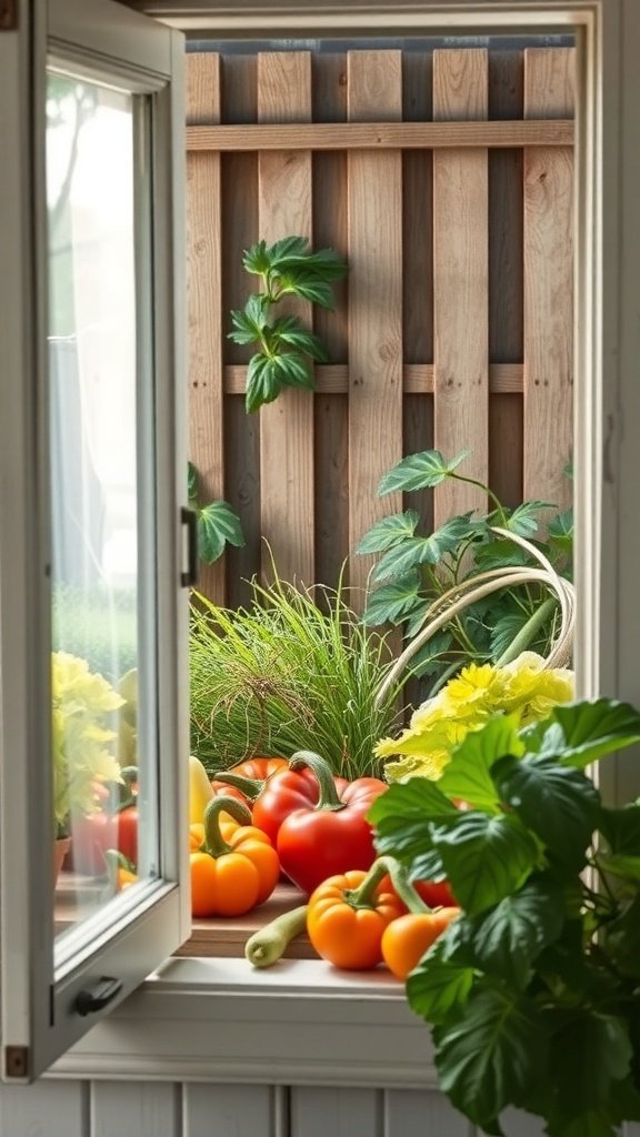A view from a kitchen window showcasing a variety of colorful vegetables including red and yellow peppers, zucchini, and leafy greens.