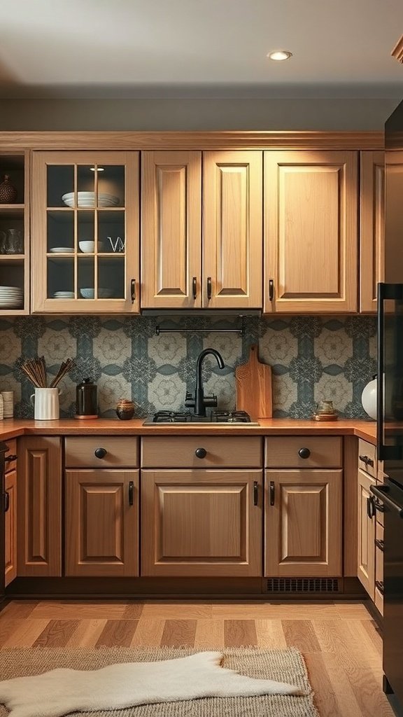 Wooden kitchen cabinets with glass panels and black knobs, featuring a patterned backsplash.
