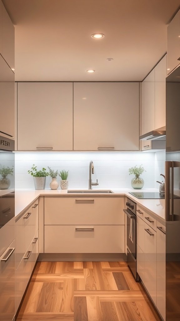 Modern kitchen with under-cabinet lighting and plants on the countertop.