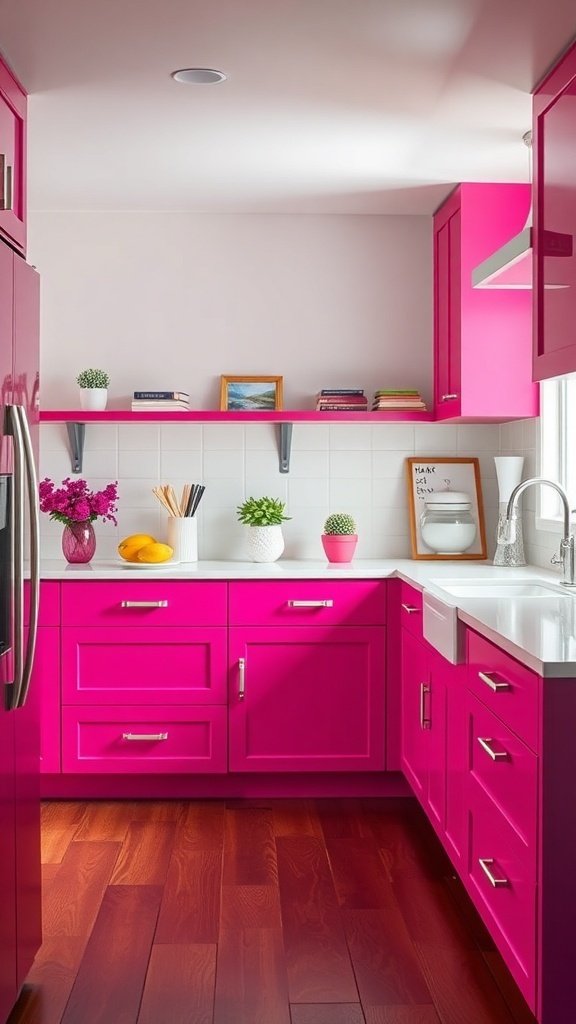 A modern kitchen featuring bright fuchsia cabinets, wooden flooring, and decorative plants.