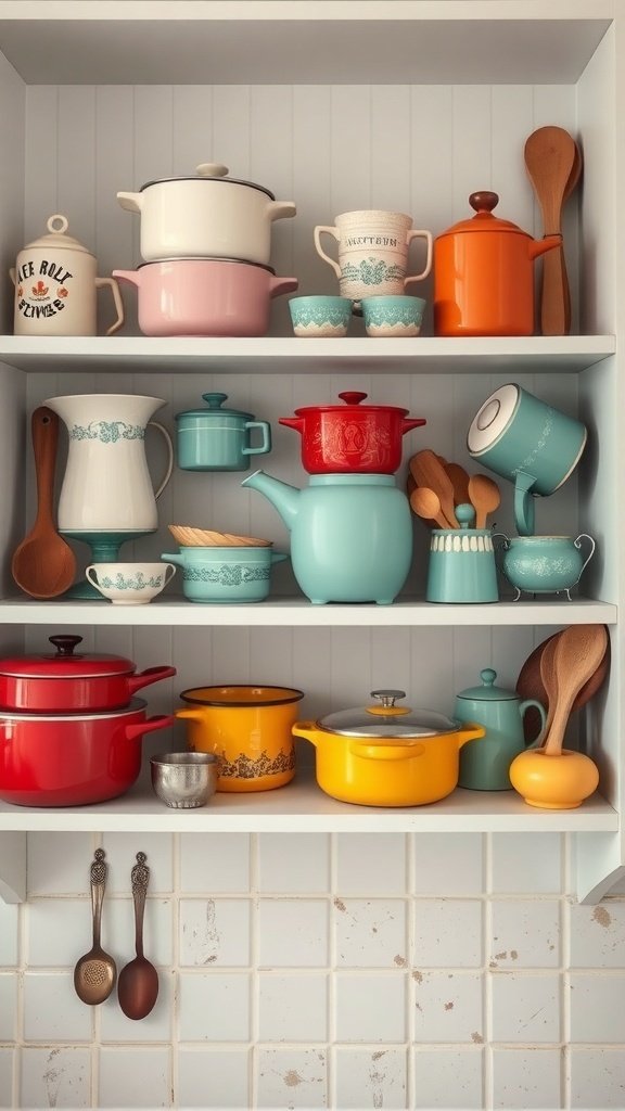 A colorful display of vintage cookware on shelves, featuring pots, pans, and wooden utensils.