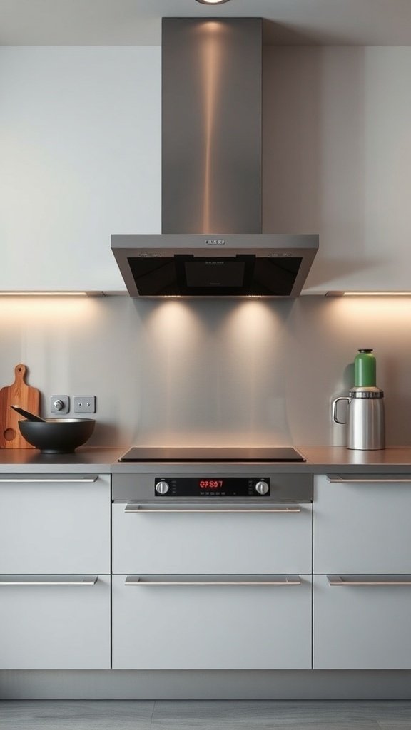 A modern kitchen featuring a stainless steel backsplash, sleek cabinets, and a stylish range hood.