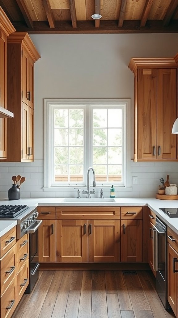 A kitchen featuring reclaimed white oak cabinets with a modern design, showcasing natural light and a cozy atmosphere.