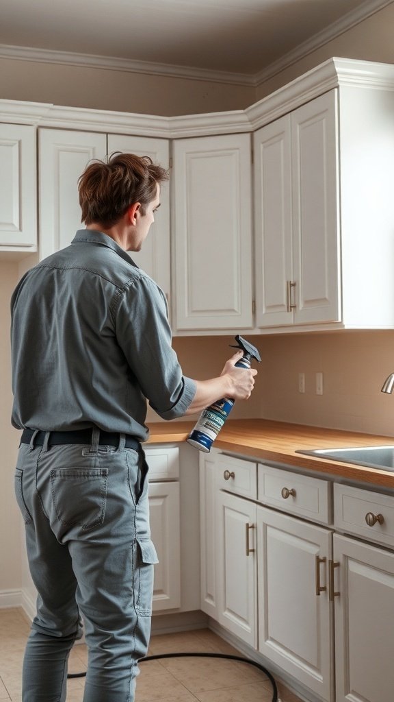 A person applying sealant to painted kitchen cabinets.