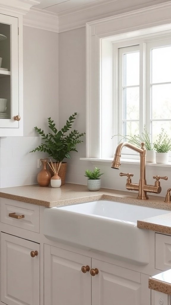 A stylish farmhouse sink with a brass faucet and decorative plants in a bright kitchen.