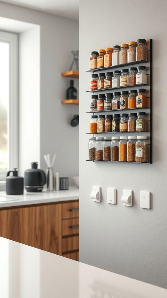 A modern magnetic spice rack mounted on a wall in a small kitchen, featuring various spices in clear jars.