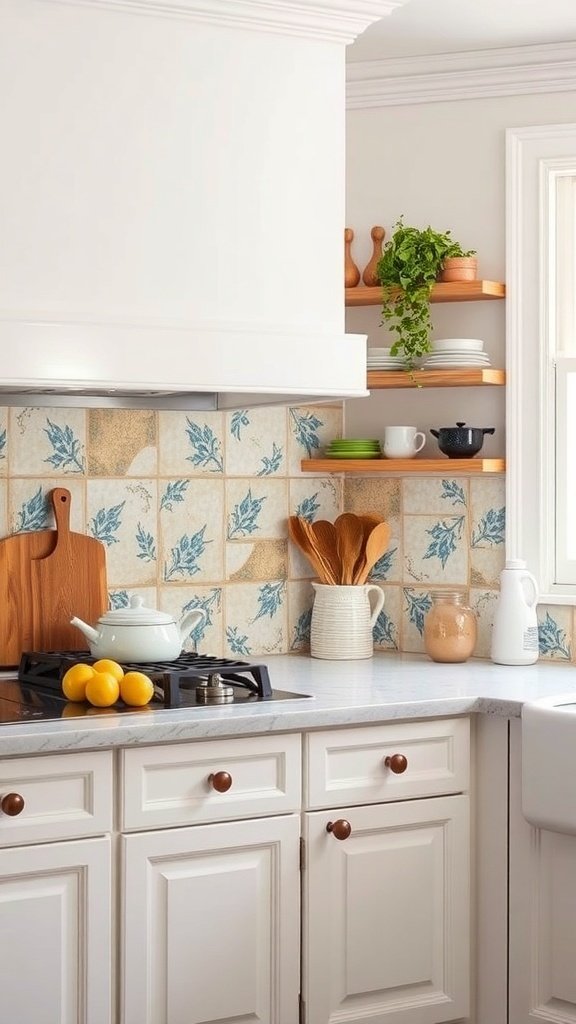 A kitchen with artisan hand-painted tiles featuring blue leaf patterns on the backsplash, complemented by white cabinetry and wooden shelves.