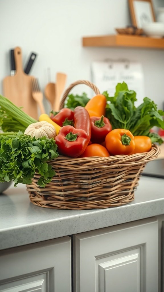 A wicker basket filled with colorful vegetables including red and yellow peppers, garlic, and greens, placed on a kitchen counter.