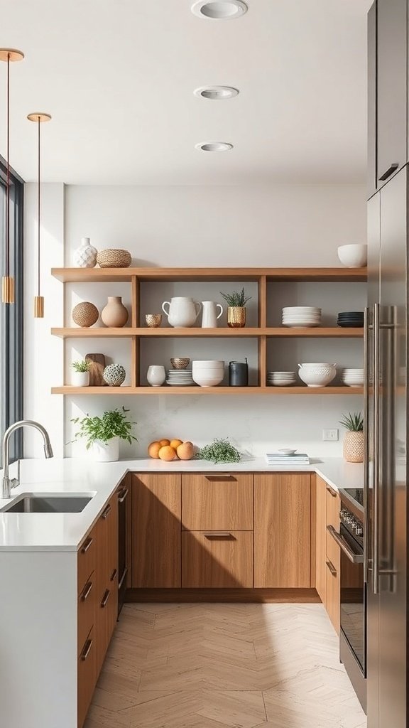 A modern kitchen featuring open concept wooden shelving with dishes and decorative items.