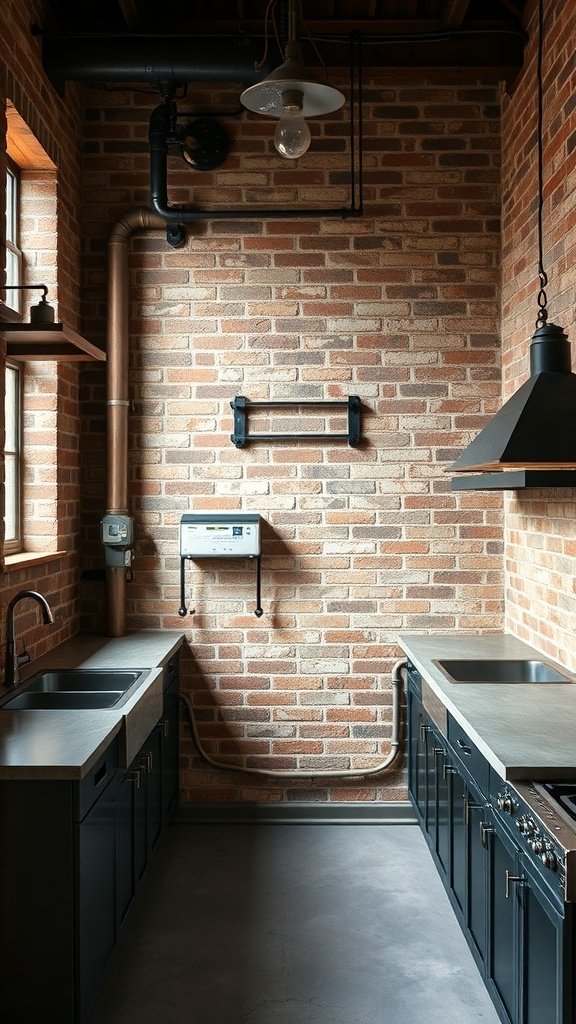 A sleek industrial style kitchen with exposed brick walls, dark cabinetry, and metal accents.