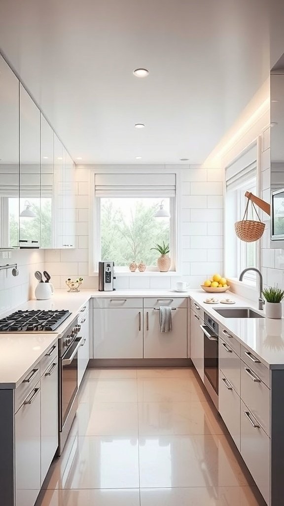 A modern kitchen with sleek cabinets, a large window, and smart appliances