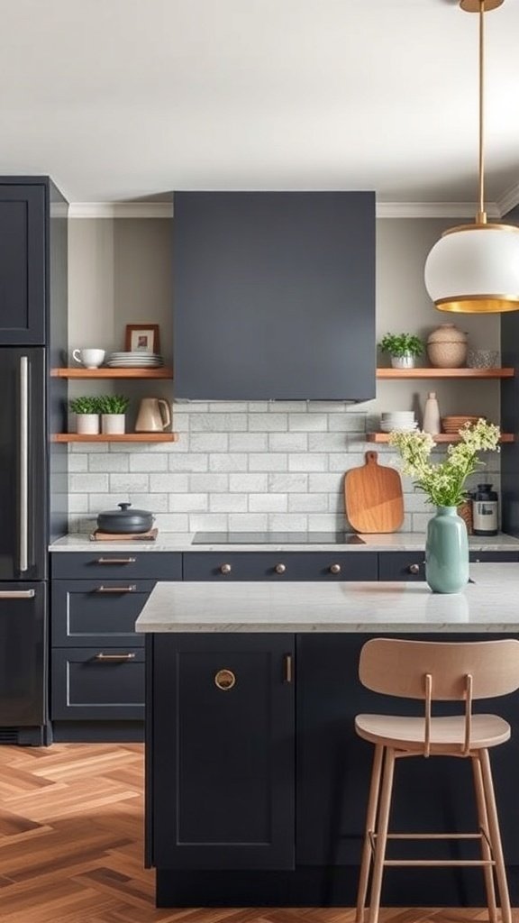 A modern kitchen featuring navy cabinets, gray backsplash, and wooden accents.