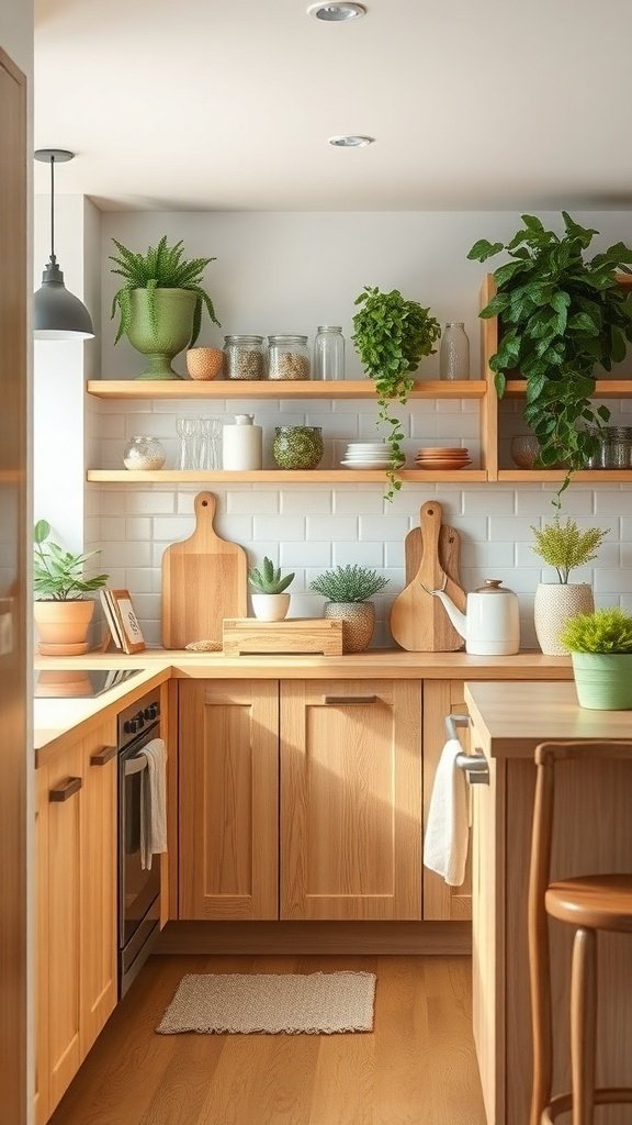 A cozy kitchen featuring white oak cabinets, wooden shelves with plants, and a warm color palette.