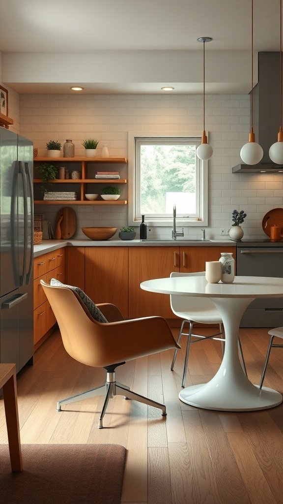 Mid-century modern kitchen featuring a stylish chair and round table