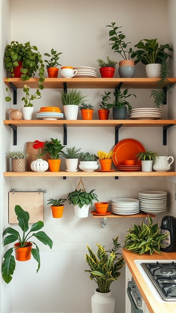 Open shelving in a small kitchen with plants and dishes