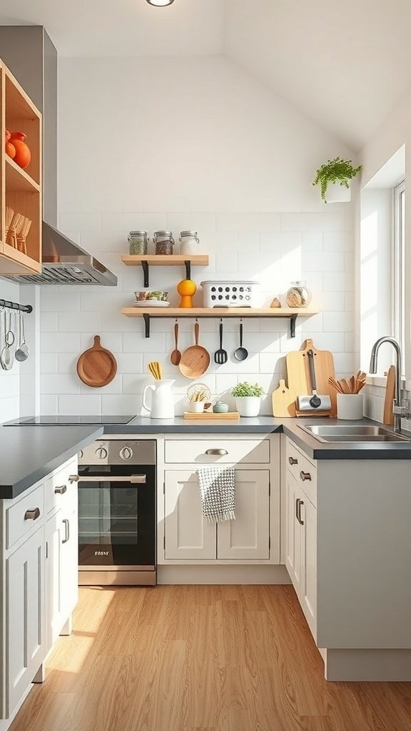 A bright and modern kitchen with open shelves, natural wood accents, and a spacious layout.