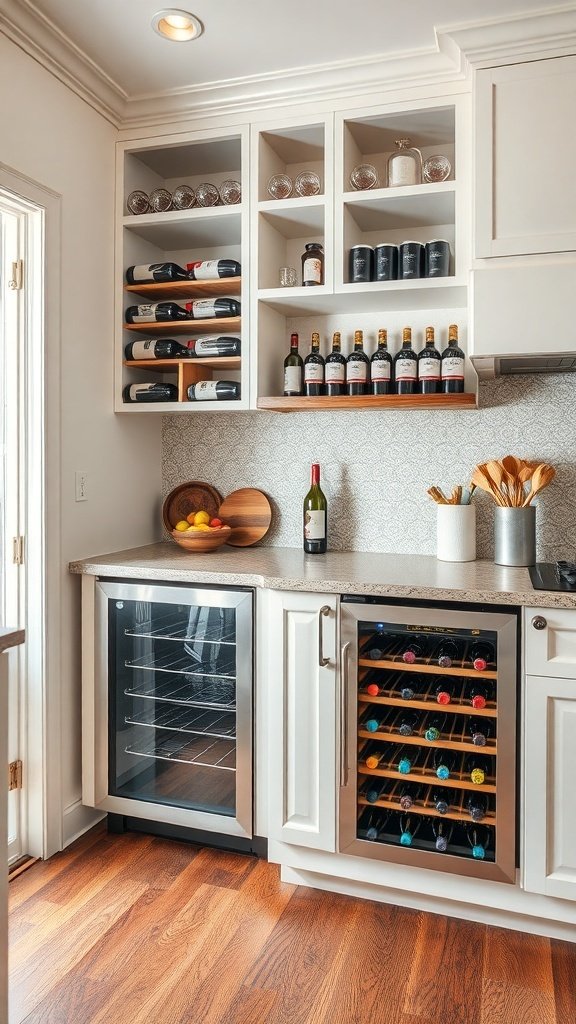 A modern kitchen featuring a wine cooler and organized wine bottles on shelves.