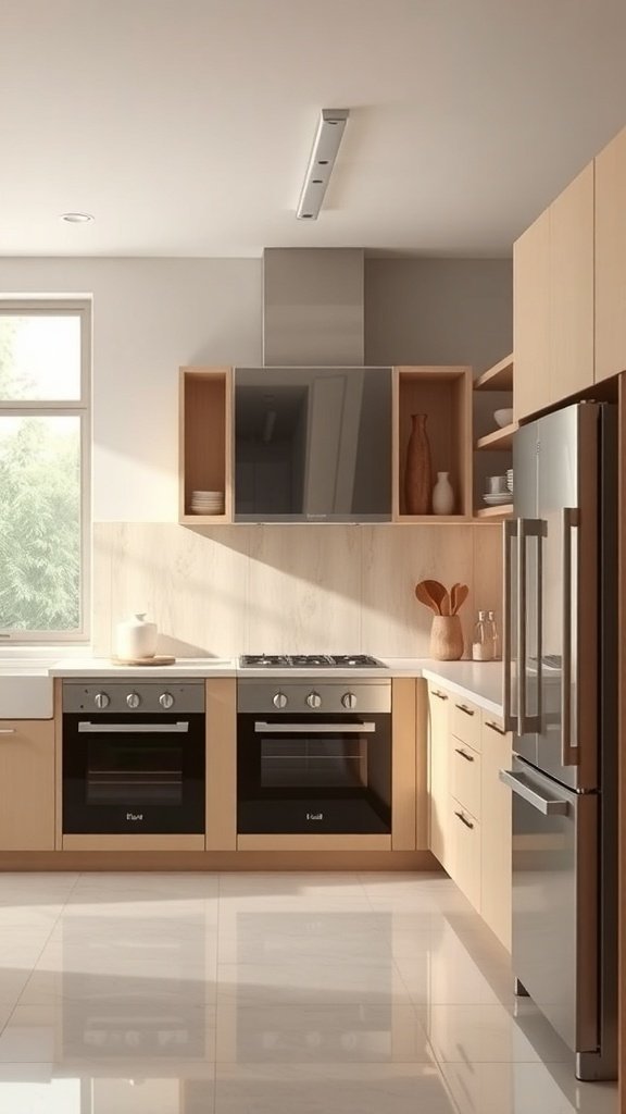 A modern beige kitchen featuring beige cabinetry and appliances, with a sleek design and a warm atmosphere.