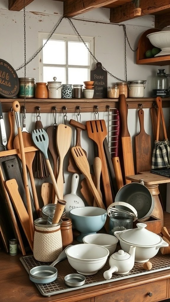 A collection of vintage baking tools including wooden spoons, mixing bowls, and glass jars in a rustic farmhouse kitchen.