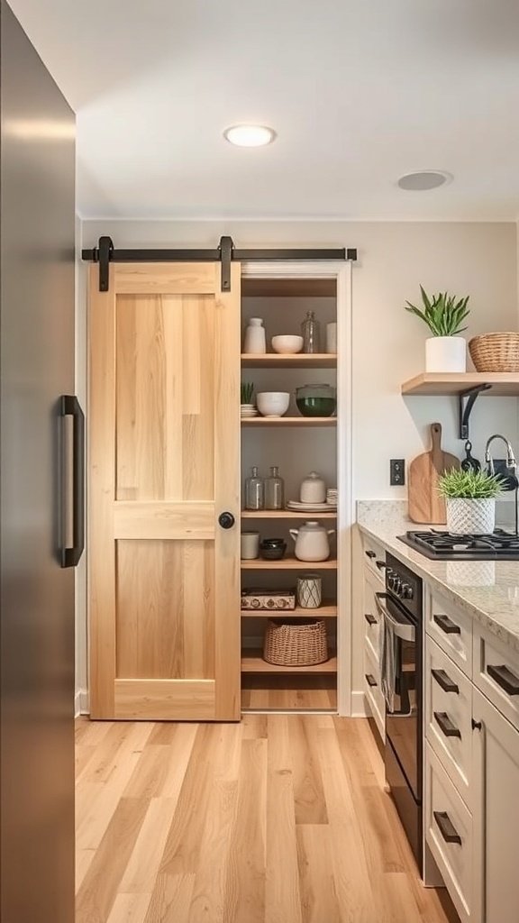 A small kitchen featuring a sliding pantry door made of wood, leading to organized shelves.