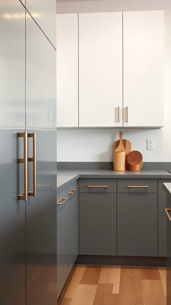 A modern kitchen with streamlined cabinet designs featuring white upper cabinets and dark lower cabinets.