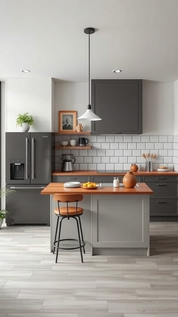 A modern kitchen featuring a stylish breakfast bar with a wooden countertop and gray cabinetry.