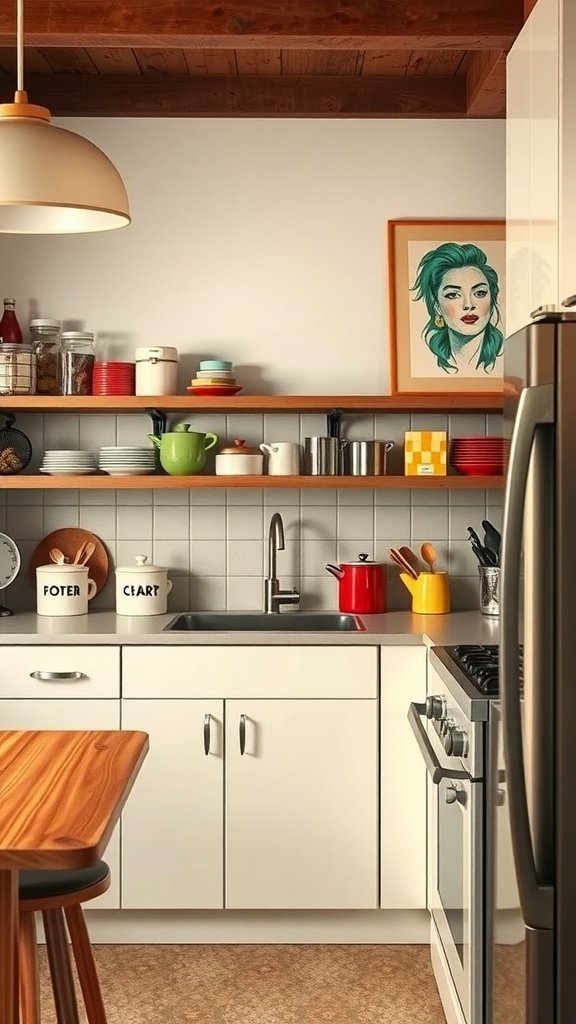 A mid-century modern kitchen with open shelving displaying colorful dishes and a vintage portrait on the wall.
