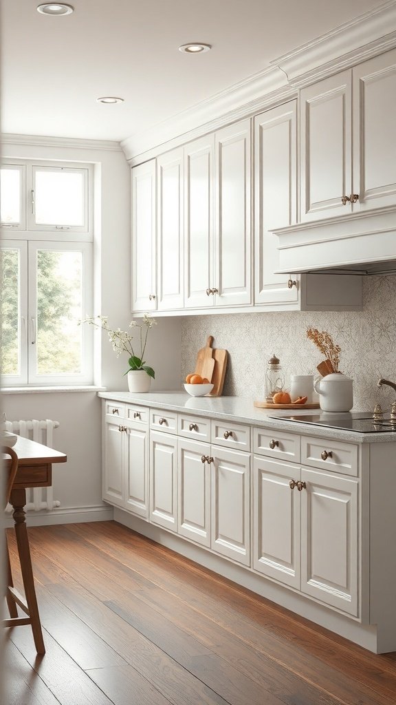 A bright kitchen featuring white cabinets, a wooden floor, and natural light coming through a window.
