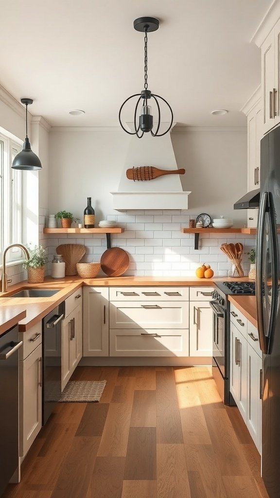 A modern farmhouse kitchen featuring two-tone cabinets with light upper cabinets and dark lower cabinets, warm wood countertops, and stylish pendant lighting.