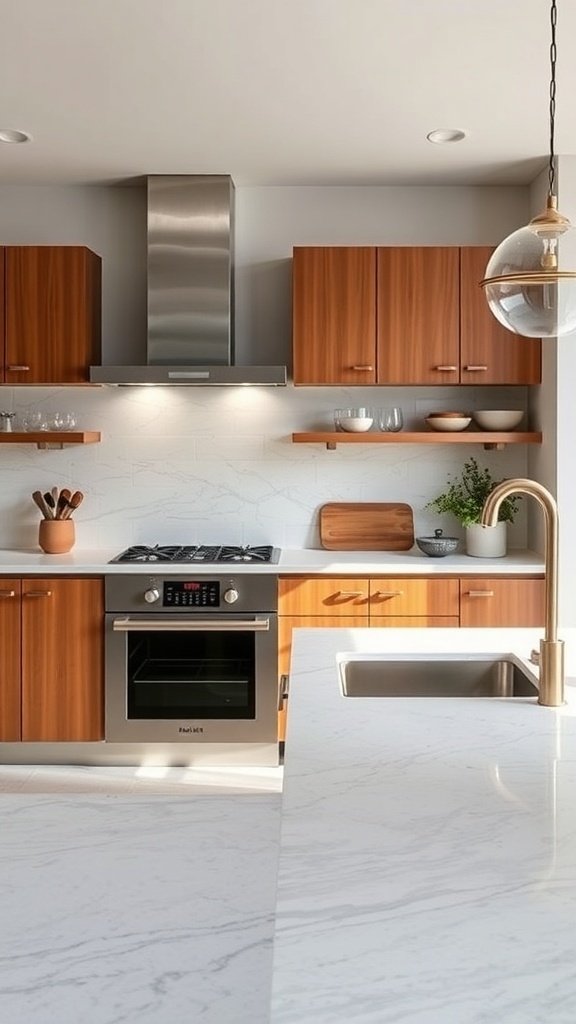 A mid-century modern kitchen featuring a sleek white marble countertop, warm wood cabinetry, and modern appliances.