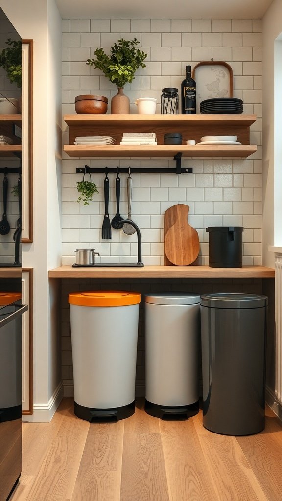 Stylish waste bins in a small kitchen with wooden countertop and open shelves.