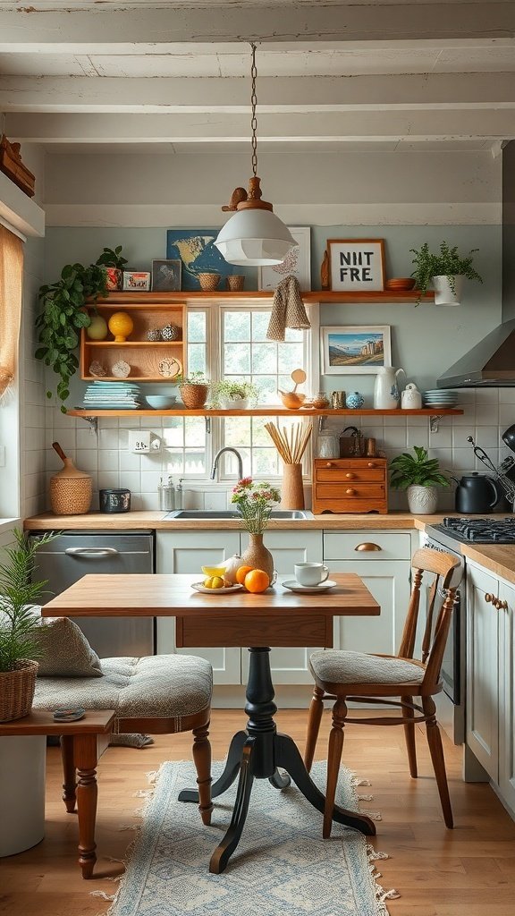 A cozy kitchen featuring upcycled furniture, including a wooden table and chairs, with open shelves displaying colorful dishes and plants.