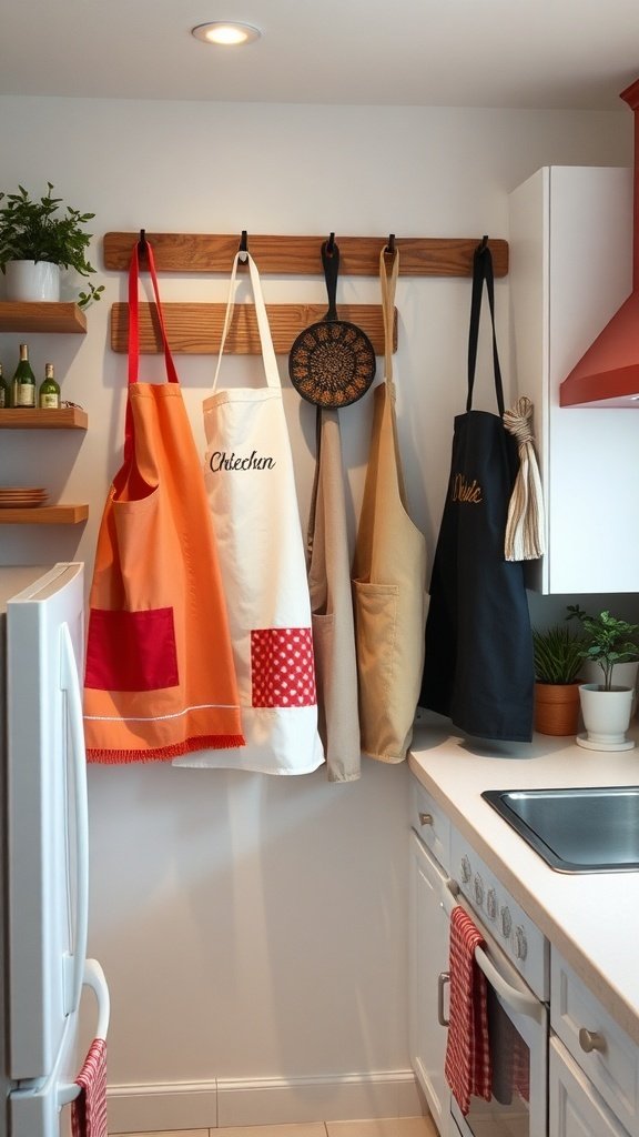 A collection of colorful personalized aprons hanging on a wooden rack in a small kitchen.
