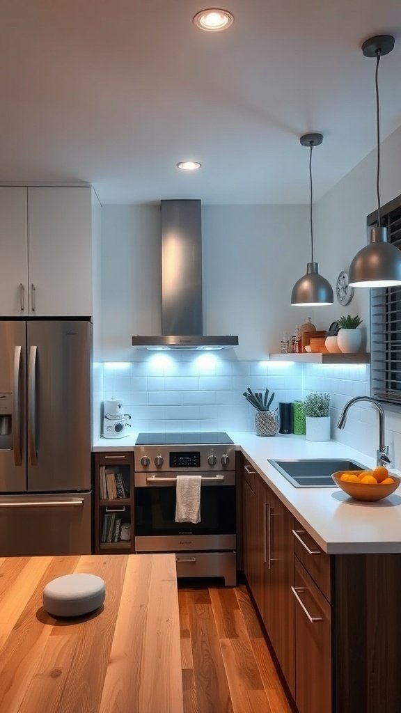 A modern kitchen featuring smart appliances, stylish lighting, and a warm wooden countertop.