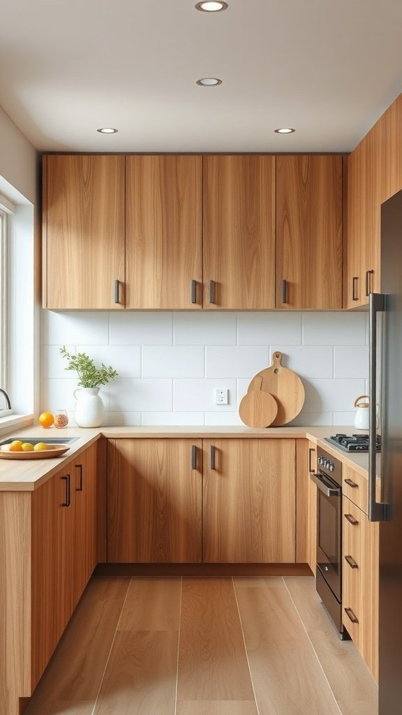 A modern kitchen featuring natural wood finishes on cabinets and countertops, with a bright and inviting atmosphere.