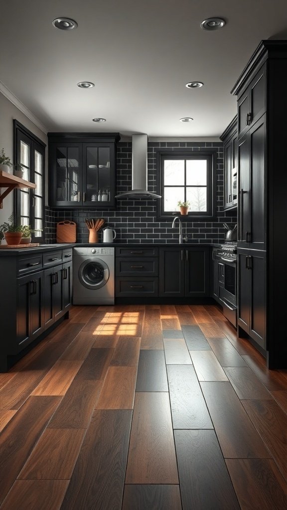 A modern kitchen featuring black cabinets and warm wooden flooring.