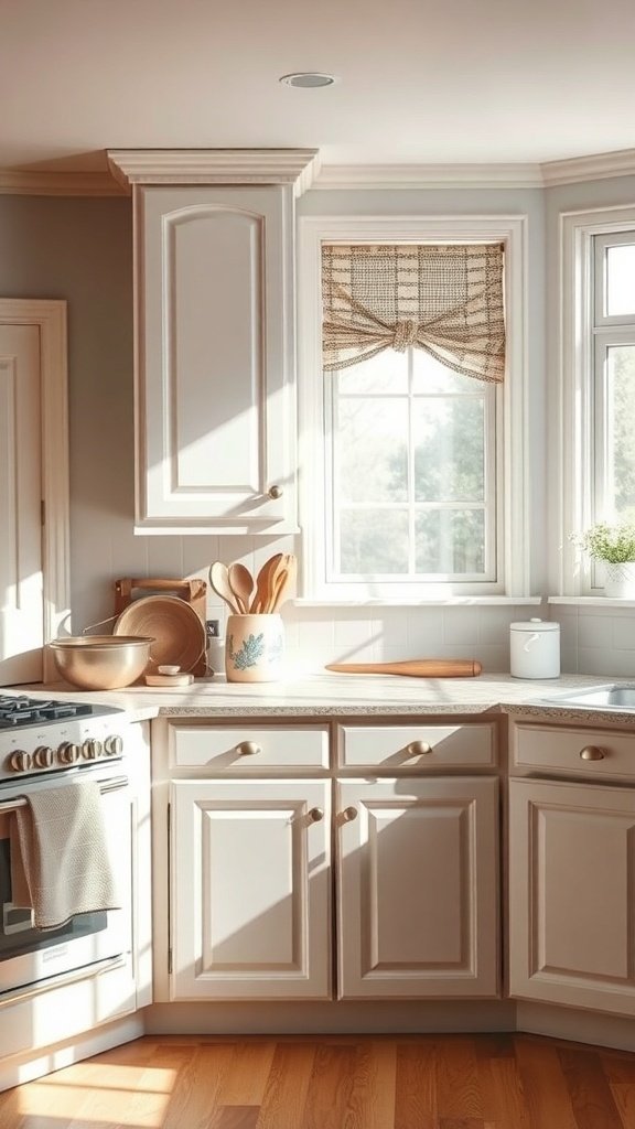 A bright kitchen with painted cabinets, showcasing natural light and stylish decor.