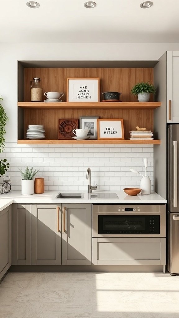 A modern kitchen featuring open shelving with wooden accents and gray cabinets.